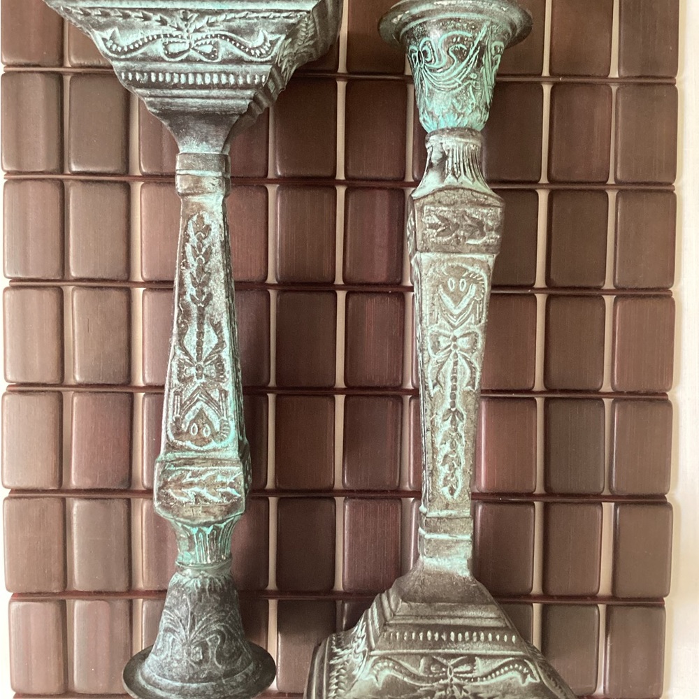 12” Candlesticks metal green patina EUC - Picture 3 of 3